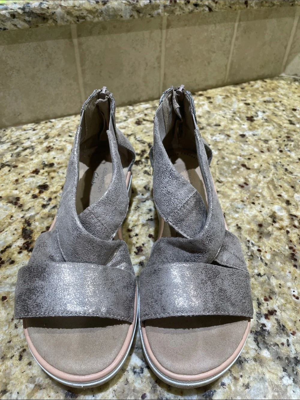 Clarks Shimmery Taupe Crisscross Wedge Sandals Size 7